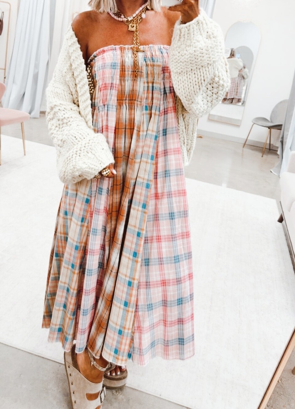 Oli & Hali Mineral Wash Patchwork Plaid Smock Convertible Midi Dress Maxi Skirt - Picture 11 of 15